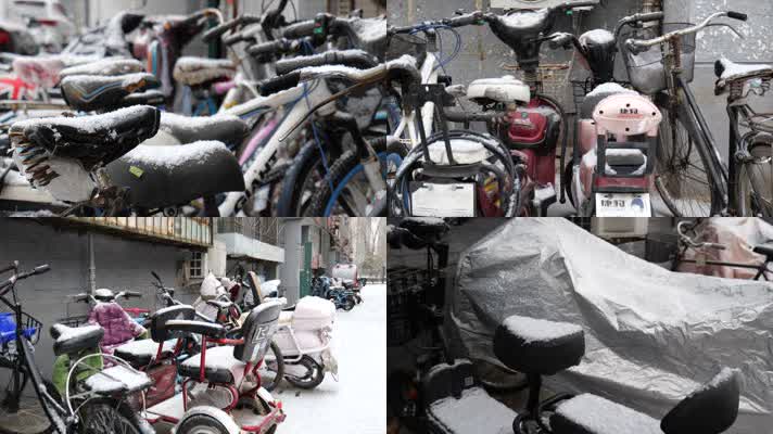 冬天雪中的破旧自行车