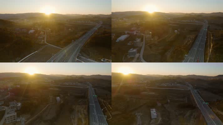 太阳落山日出瞬间的山地乡村高速公路