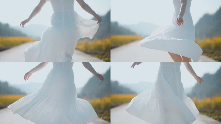 唯美女生旋转裙子跳舞穿白裙田间跳舞芭蕾舞