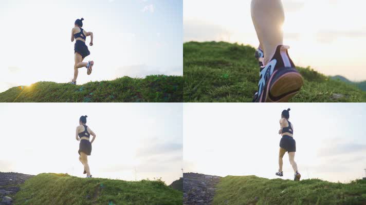 女生户外运动健身逆光跑步特写逆光脚步登山