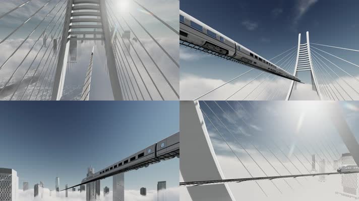 4k云中高铁穿梭城市桥梁