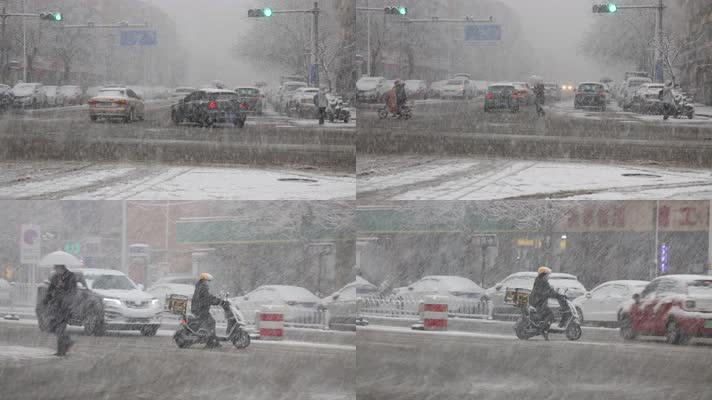 近日天津普降大雪，降雪给城市交通带来影响，车辆和行人在雪中缓慢行走
