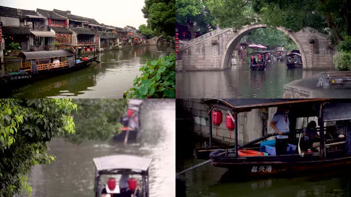 西塘古镇下雨天摇橹划船4K视频