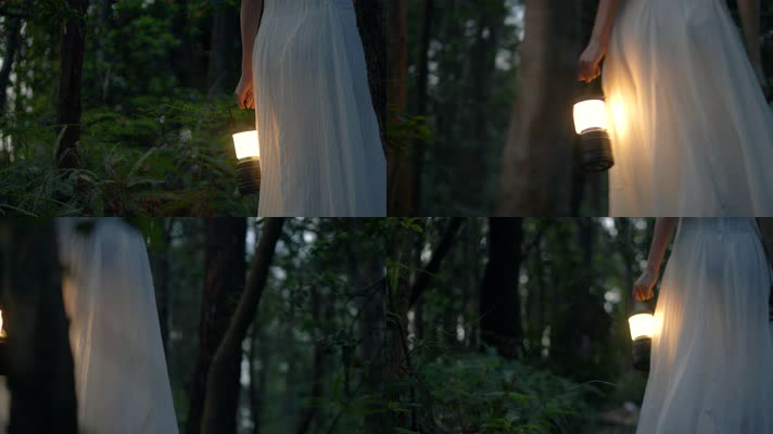 穿白色长裙的女孩提着马灯在黑暗的树林行走