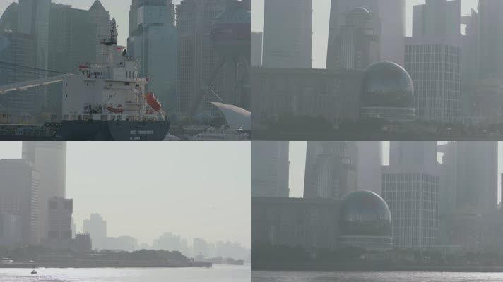上海早晨黄浦江岸轮船飞鸟