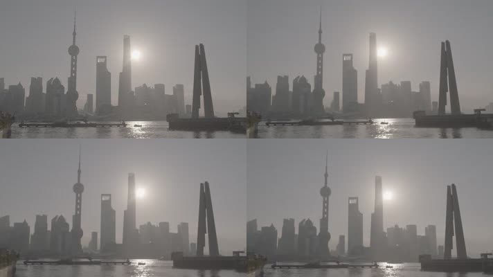 黄浦江岸雾天落日景观