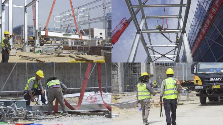 建筑工地吊车吊装钢结构工人施工慢镜头