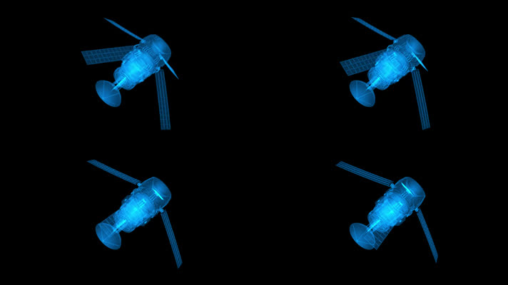 三维人造卫星蓝色线框展示4k带通道
