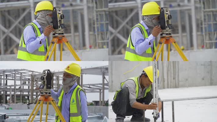 建筑工地工人施工经纬仪测量