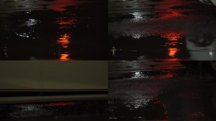 车轮路面溅起水花雨滴红绿灯倒影