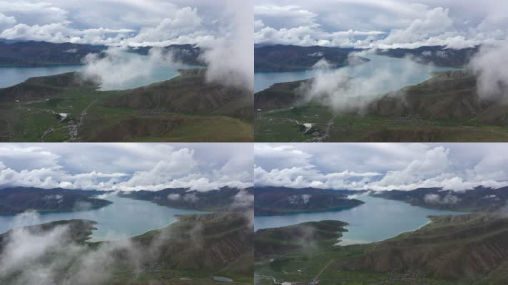 西藏羊卓雍措羊湖村庄自然风光航拍