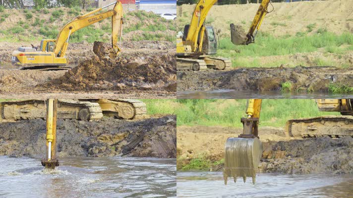 挖掘机清理河道淤泥