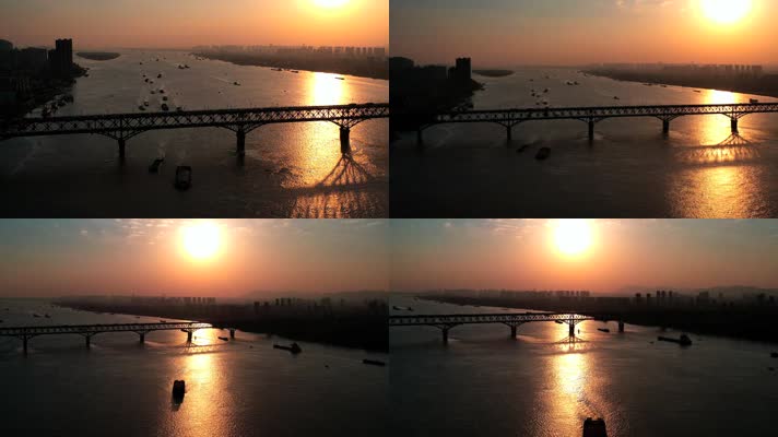 南京长江大桥江面穿梭船只航拍