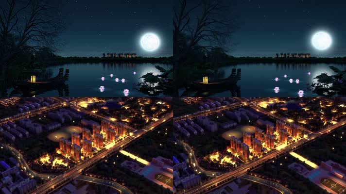 建筑动画 三维动画 地产动画 月亮 夜景 湖