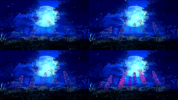 蓝色树影普通梦幻唯美月亮花开