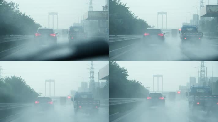 开车路上暴雨，车窗外的雨景
