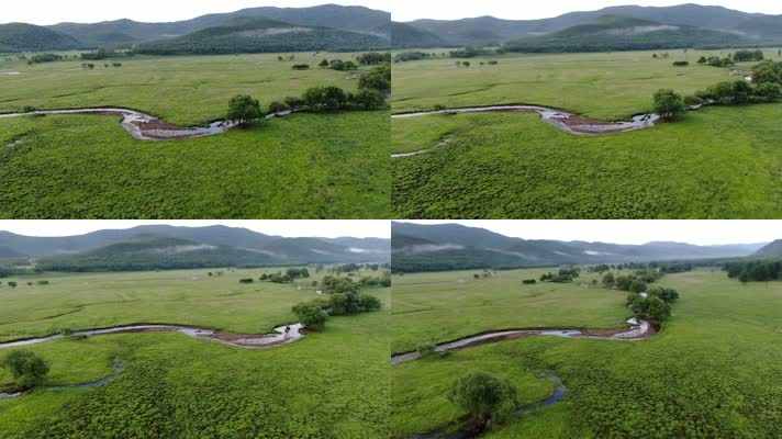 4K草原上曲折弯弯曲曲的河流