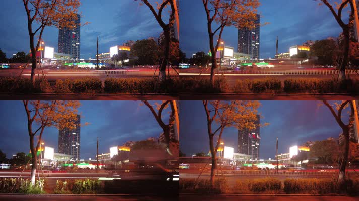 城市广场夜景车流延时摄影