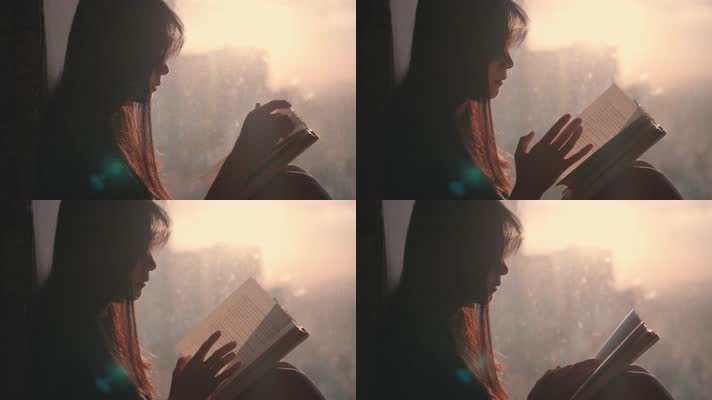 女孩在夕阳下的窗边看书阅读4k