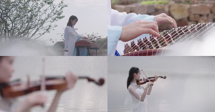 拉小提琴、唯美、湖边、美女   