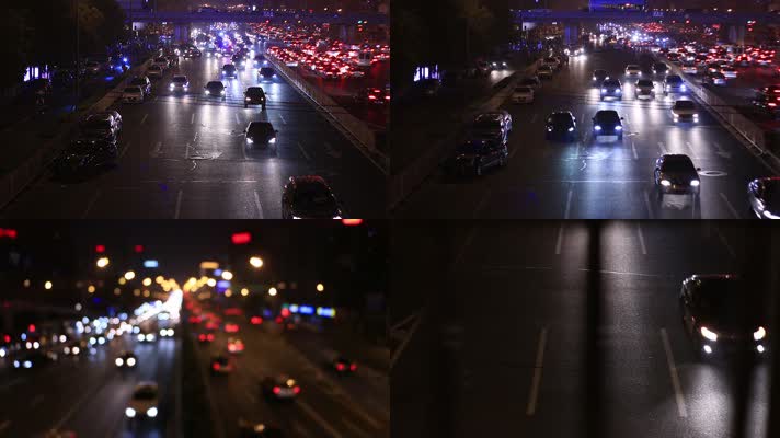北京二环夜景车水马龙和忧愁的女人在天桥上