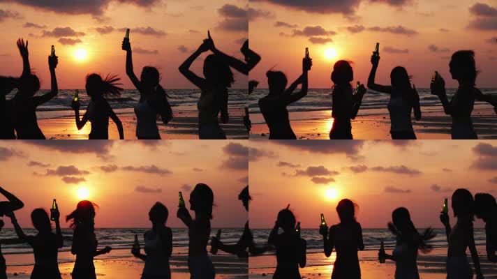 年轻人在海滩美丽的日落中快乐地跳舞