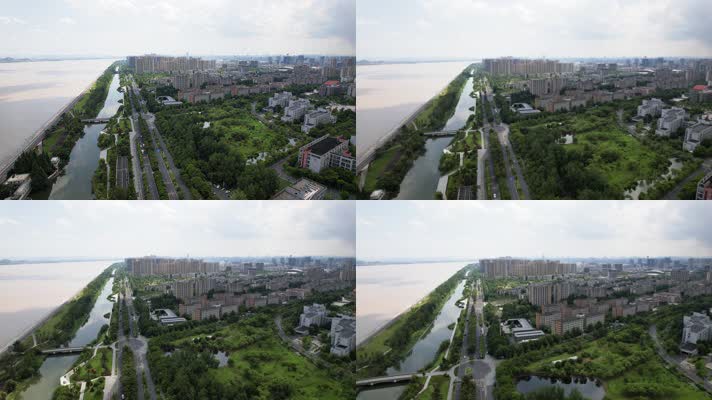 杭州钱塘江沿江边眺望下沙城市风景航拍