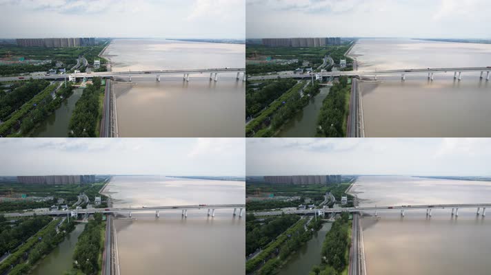 杭州钱塘江沿江边江东大桥车辆车流美景航拍
