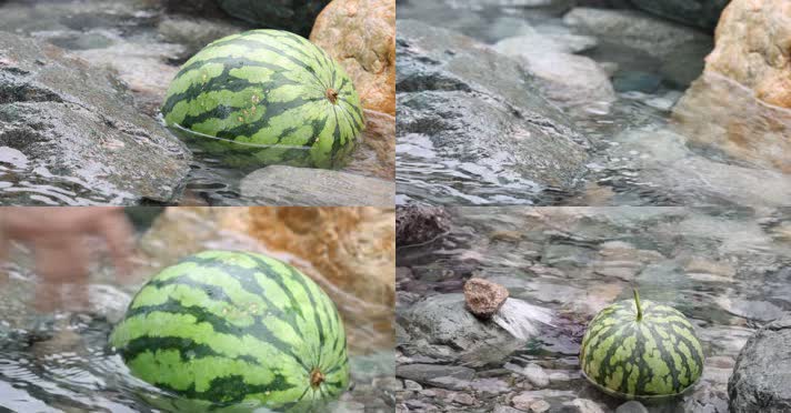 夏天清澈冰凉的溪水冻西瓜4k创意实拍合集