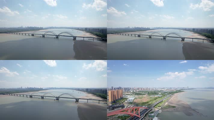杭州钱塘江九堡大桥江边江景风景特写航拍