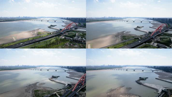 杭州钱塘江九堡大桥蓝天白云江边江景风景航拍