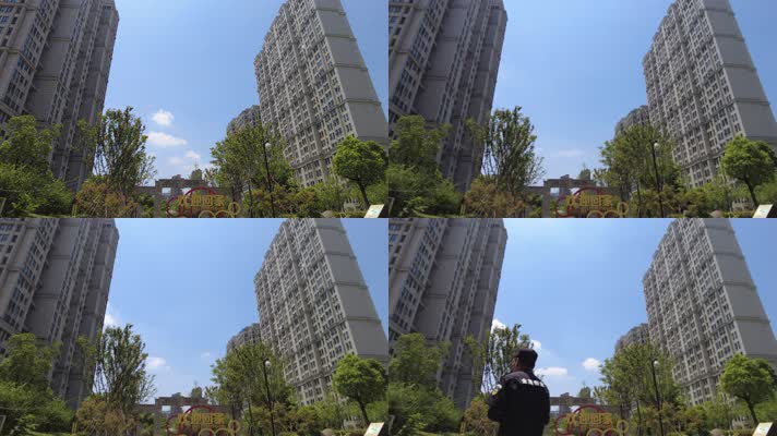 小区高楼大厦蓝天白云延时摄影