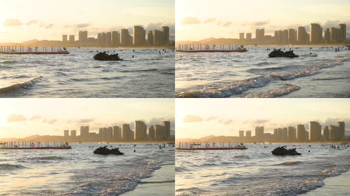 4K金色夕阳下海浪中的摩托艇