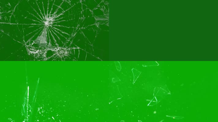 4k绿幕玻璃破碎 玻璃破碎和破碎的中间孤立在绿色屏幕背景4K