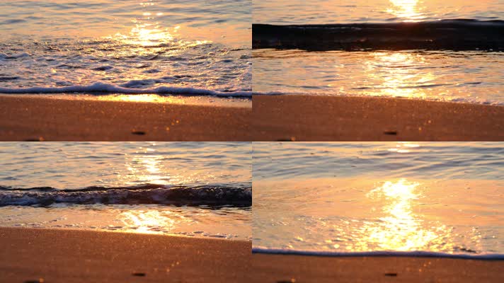 夕阳下海浪冲刷着海滩