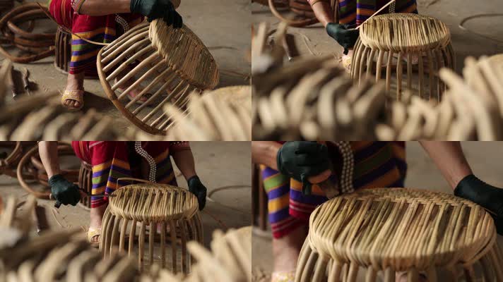 少数民族制作传统编织鼓凳