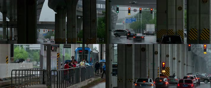 城市高架桥下雨天汽车和行人