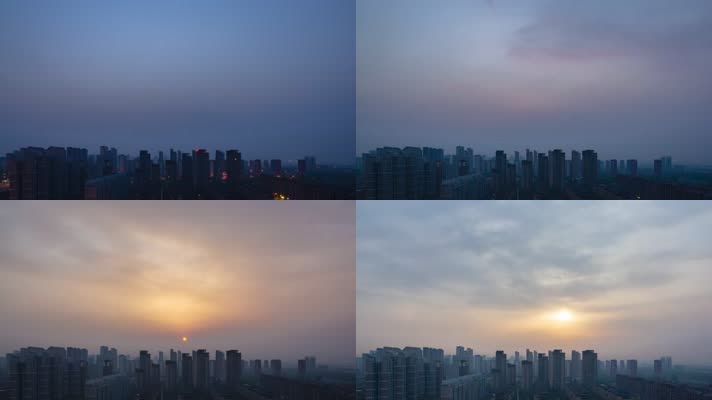 城市建筑天际线夜晚到清晨日出雾霾云雾