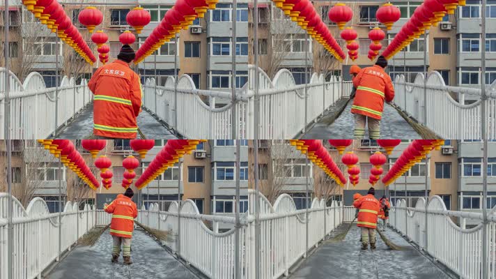 冬季北方环卫工人清扫挂着红灯笼的过街天桥