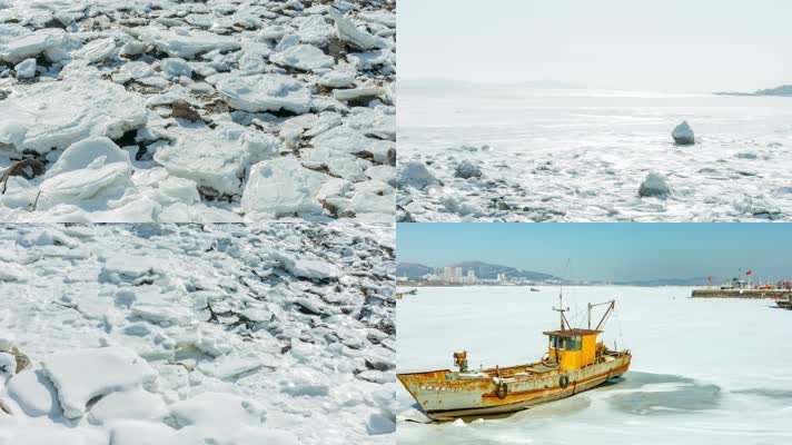 海边冬季冰封的海港冰雪覆盖