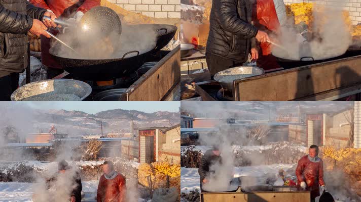 山村北方农村冬季流水席酒席大灶厨师做饭菜