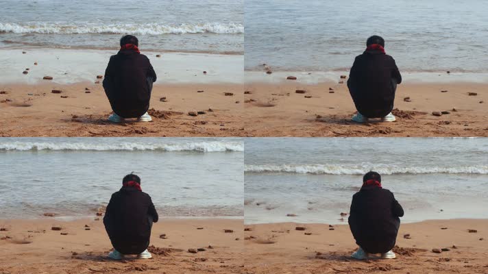 一个人在海边沙滩看海4K