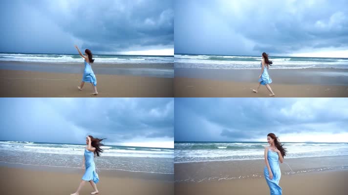 4k高清视频女孩在海边漫步唯美视频