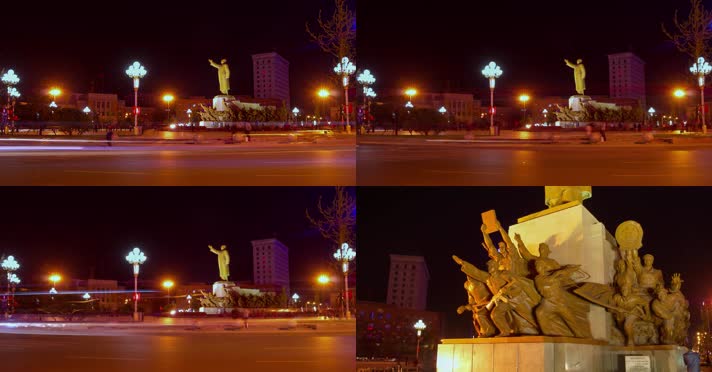 中山广场主席雕像夜晚交通车流路灯