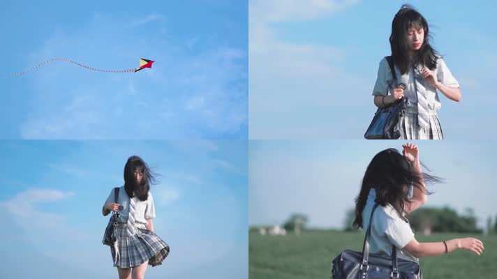 4k高清视频女孩在草坪上奔跑放风筝