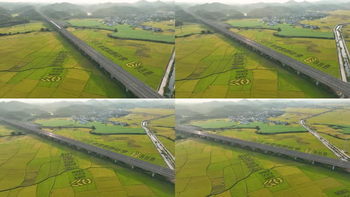 4K航拍广西日照铁路艺术稻田一镜到底