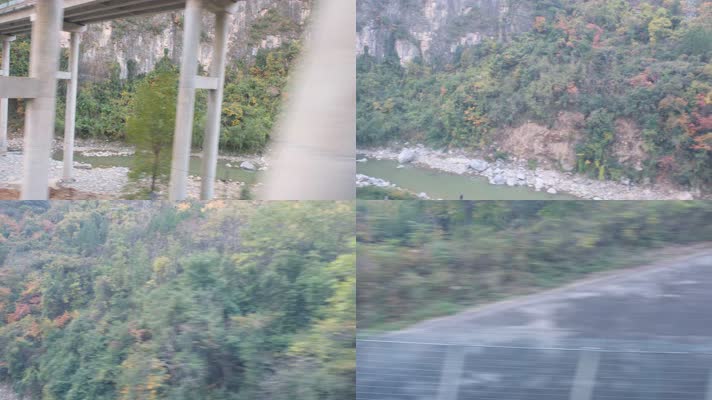 火车上拍摄秋天秦岭山中的风光
