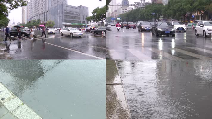 城市下雨天车辆行人穿行雨衣雨滴道路积水