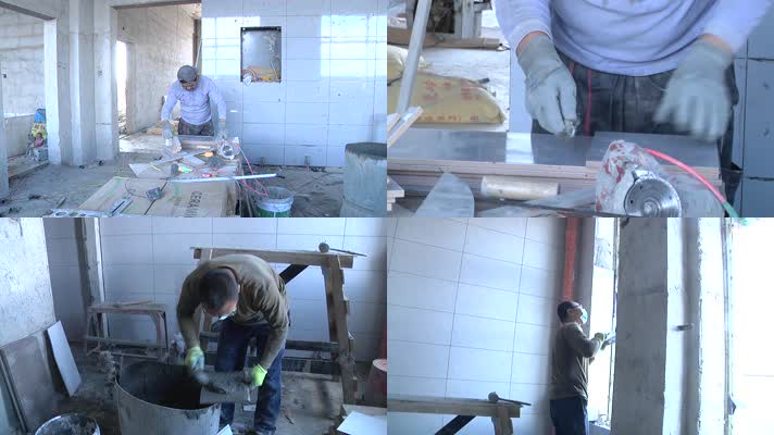 楼房装修工人在室内抹水泥切割瓷砖