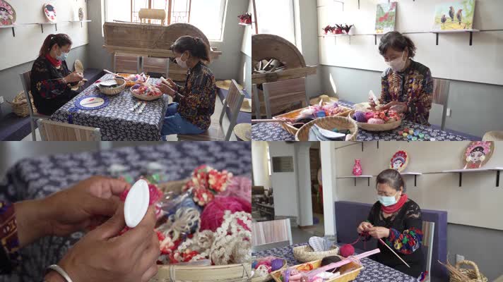 农村妇女在家里织毛衣制作毛线工艺品